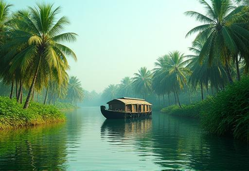 Tranquil Kerala backwaters scene with traditional boat
