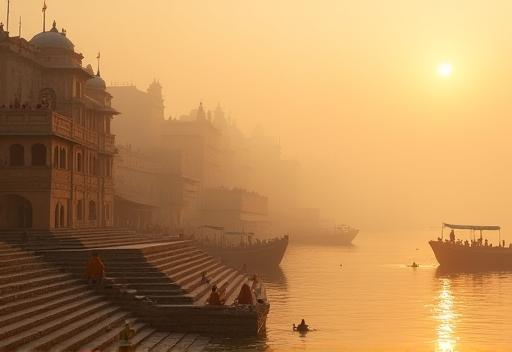 Ghats along the Ganges river in Varanasi at sunset